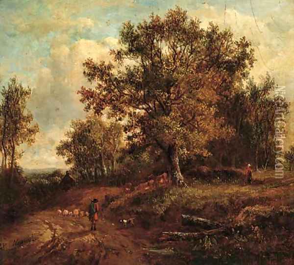 A shepherd and his dog herding sheep along a country track Oil Painting - Patrick Nasmyth