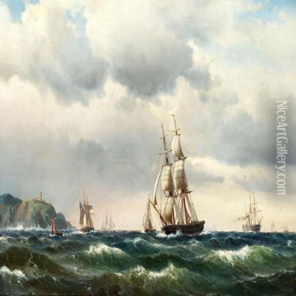 Seascape With Numerous Sailing Ships Near A Rockycoast Oil Painting - Vilhelm Melbye
