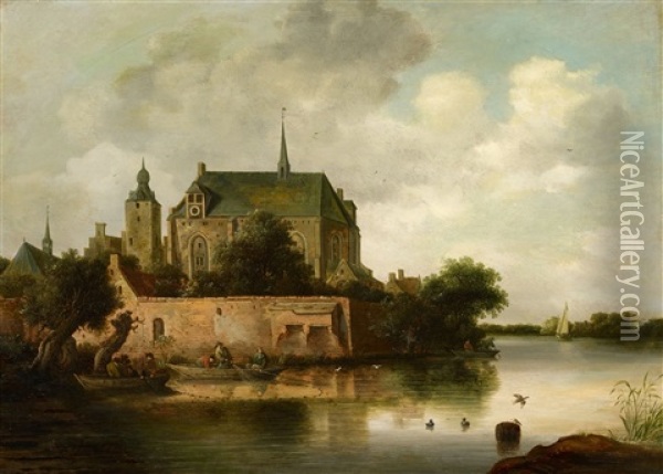 River Landscape With A Boat Oil Painting - Frans de Hulst