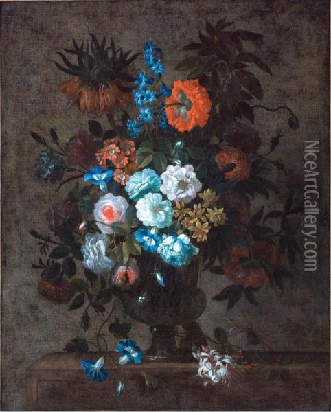 Iris, Garofani, Campanule, Rose E Altri Fiori In Un Vaso Su Un Piano Oil Painting - Jan Peeter Brueghel