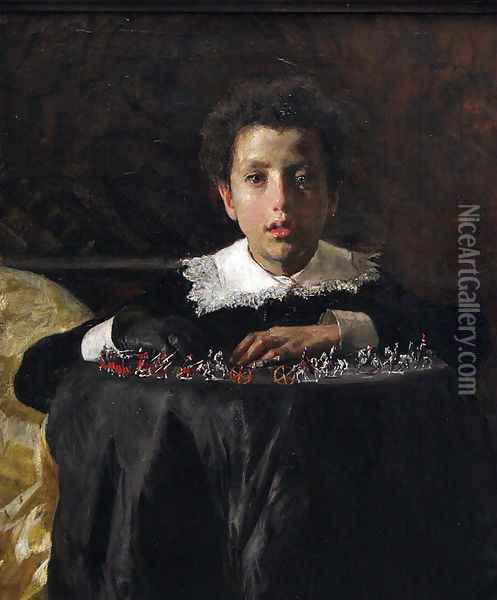 Young Boy with Toy Soldiers Oil Painting - Antonio Mancini