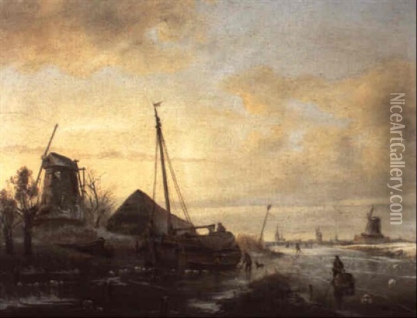 View Of The Vecht In Winter With Skaters In The Distance Oil Painting - Andreas Schelfhout