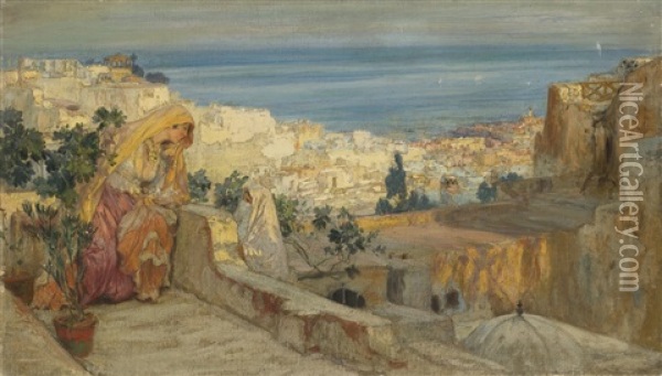 Arab Women On A Rooftop, Algiers Beyond Oil Painting - Frederick Arthur Bridgman