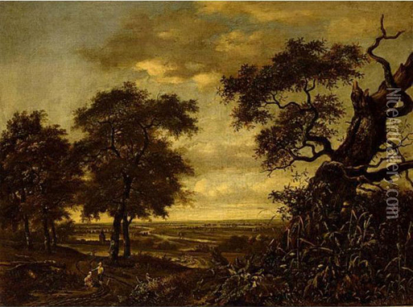 Travellers On A Path In An Extensive Wooded Landscape Oil Painting - Jan Wijnants
