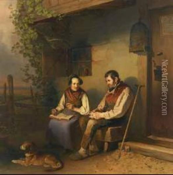 Couple Reading Outside A Cottage With Their Dog Oil Painting - Johann Baptist Wengler