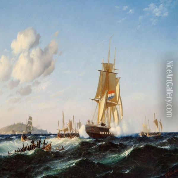 Seascape With A Dutch Brig Being Welcomed By The Locals Oil Painting - Carl Ludwig Bille