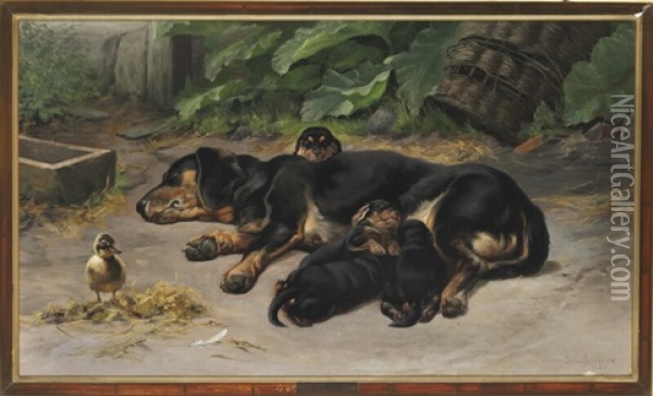 A Dachshund With Her Puppies Oil Painting - Simon Simonsen