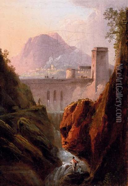 A Capriccio With Figures By A Waterfall, A Dam Beyond Oil Painting - Jean Joseph Xavier Bidault