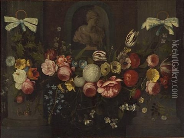 A Garland Of Holly, Tulips, Roses And Other Flowers Beneath A Sculptural Bust In A Niche Oil Painting - Daniel Seghers