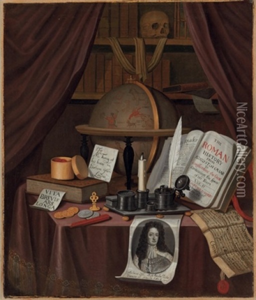 A Vanitas For John Turing, With A Globe Showing The Signs Of The Zodiac, A History Of Rome, Engraving Of Henry Iii Of England And Other Various Objects Oil Painting - Edward Collier