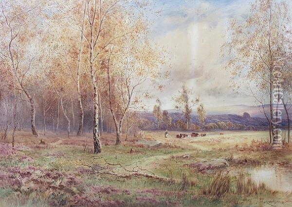 Figure And Cattle In A Wooded Landscape Oil Painting - J. Lawrence Hart