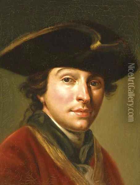 Portrait of the artist Anton von Maron (1733-1808), bust-length, in a red coat and black hat Oil Painting - Martin Knoller
