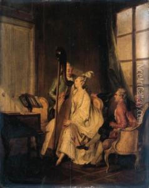 'l'accord Parfait': A Lady Playing The Harp For Two Young Men Oil Painting - Jean-Michel Moreau