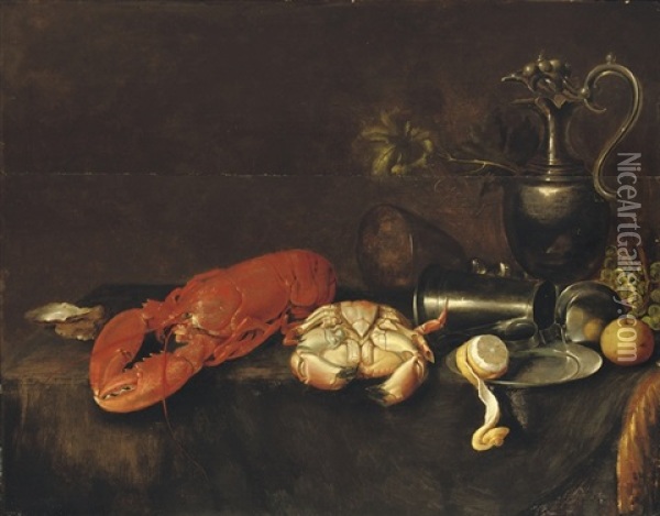 A Lobster, A Crab, An Oyster, A Pewter Pitcher, A Partially Peeled Lemon, An Apple And Grapes On A Draped Table Oil Painting - Jan Davidsz De Heem