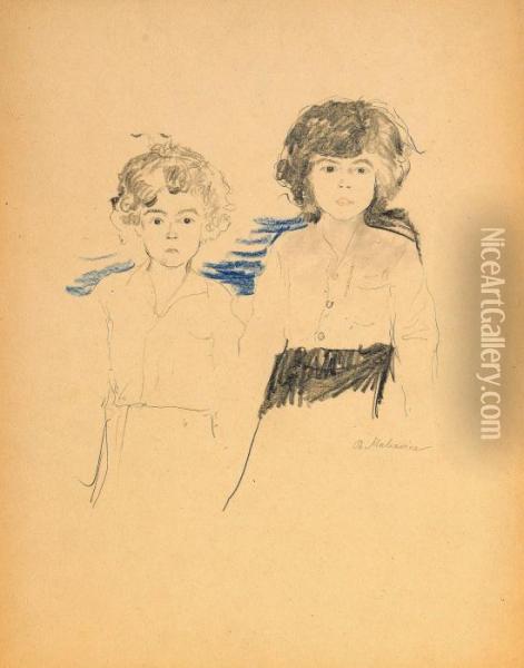 Portrait Sketch Of Two Children Oil Painting - Philippe Andreevitch Maliavine