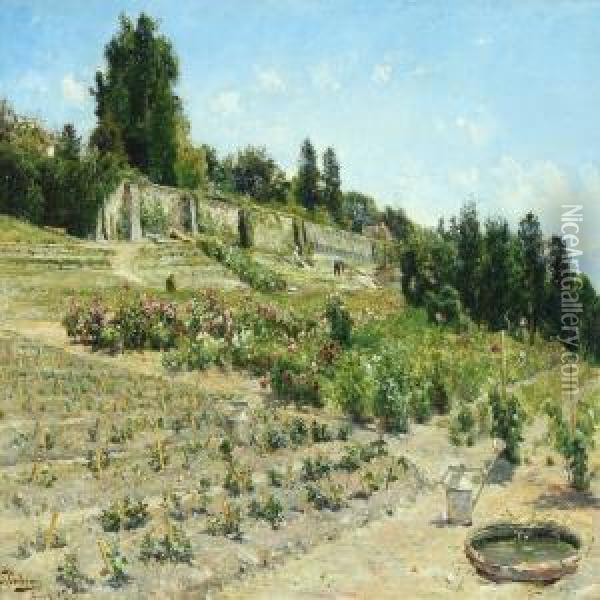 View From Switzerland With Gardeners In Slope Oil Painting - Carl Schlichting-Carlsen