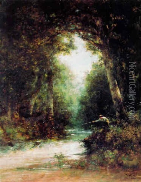 Fishing Beside A Stream Oil Painting - Thomas Hill