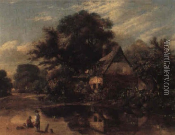 Children By A Duck Pond Oil Painting - William Collins
