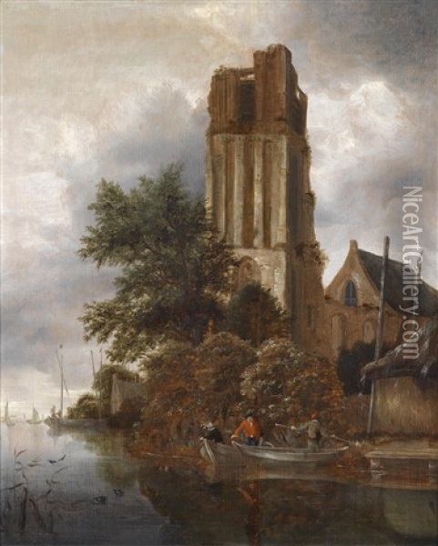 Flusslandschaft Mit Einem Fischer Vor Einer Kirchenruine Oil Painting - Michel van Vries