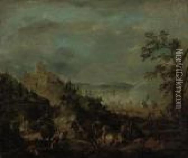 A Cavalry Skirmish With A Fortified Town Beyond Oil Painting - Karel Van Breydel (Le Chevalier)