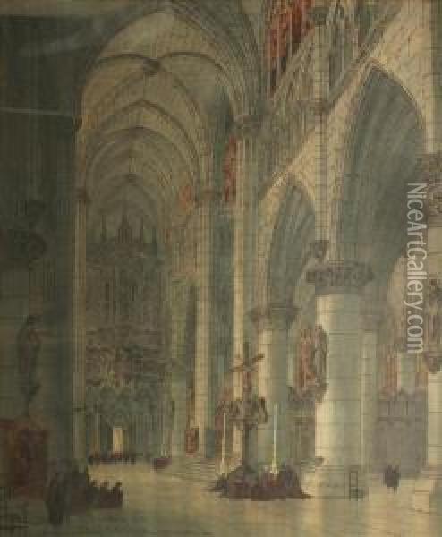 Belgium, Yprescathedral, Looking Across The Transcepts, North Oil Painting - Paul Braddon