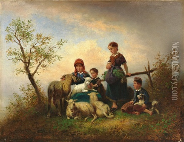 Kinder Futtern Lammer Auf Einem Hugel In Abendlicher Landschaft Oil Painting - Wilhelm Alexander Meyerheim