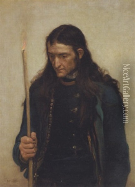 Ung Mand Gar Bodsgang Med Fakkel Og En Rosenkrans Oil Painting - Jules Breton