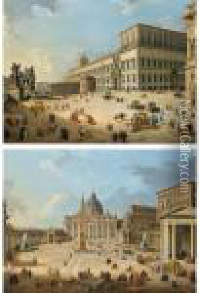 Rome, A View Of St. Peter's 
Basilica And St. Peter's Square In The Vatican With An Ambassadorial 
Procession And Figures Promenading; Rome, A View Of The Piazza And 
Palazzo Del Quirinale With An Ambassadorial Procession And Other Figures Oil Painting - Giovanni Niccolo Servandoni