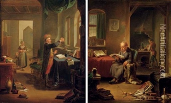 An Alchemist At Work, A Woman And Child Beyond (+ A Scholar In His Study, A Male Servant Lighting A Stove Beyond; 2 Works) Oil Painting - Justus Juncker