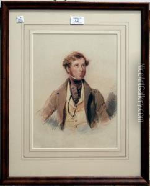 Half Length Portrait Of A Gentleman Wearing A Purple Cravat Oil Painting - George Ames Aldrich