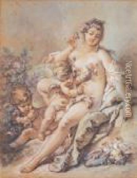Deux Amours Offrant Des Roses A Venus Oil Painting - Francois Boucher