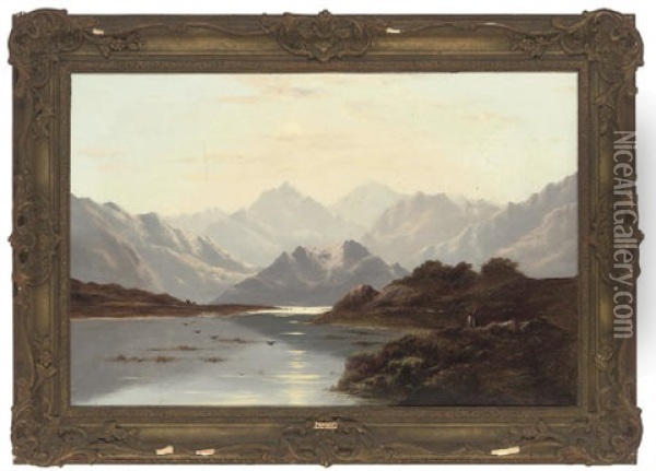 Figures Looking Out Over A Loch In The Highlands Oil Painting - Charles Leslie