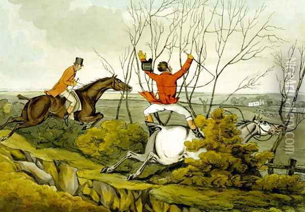 Plunging Through the Hedge, from 'Qualified Horses and Unqualified Riders', 1815 Oil Painting - Henry Thomas Alken