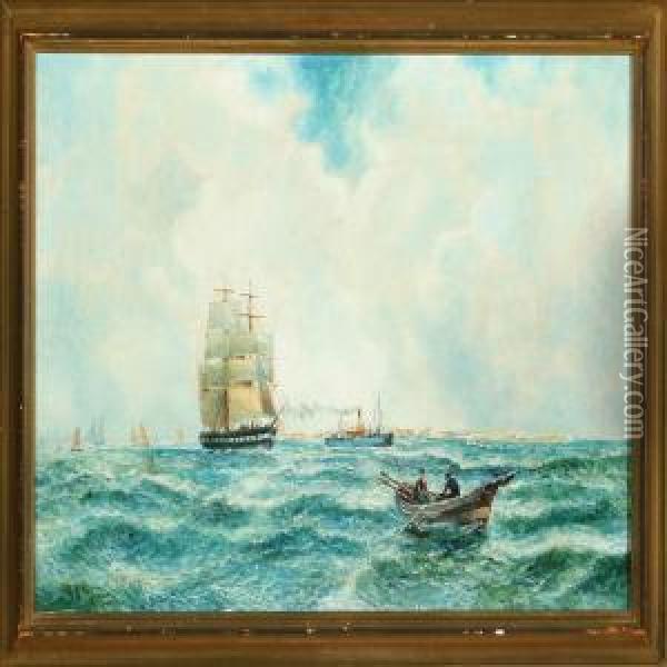 Seascape With Sailing Ships At Sea Oil Painting - Bernard Benedict Hemy