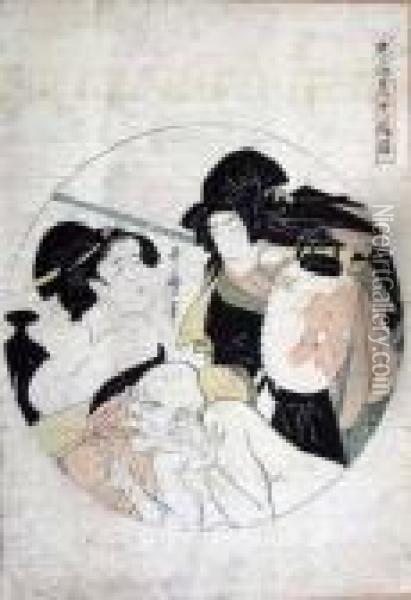 Three Figures Oil Painting - Kitagawa Utamaro