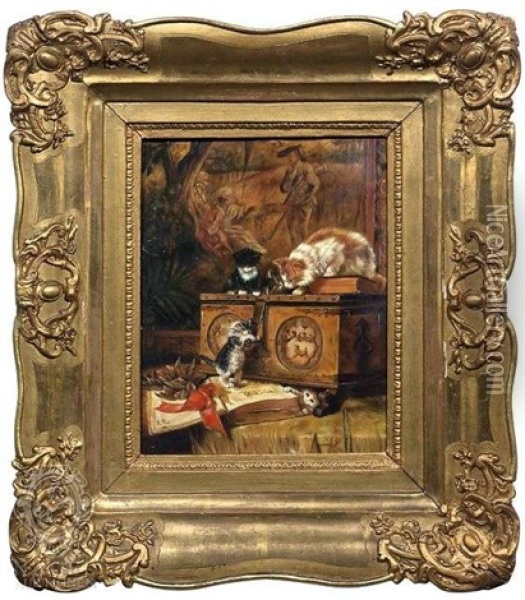 Spielende Katzchen An Einer Holzkassette Oil Painting - Aimee Roy