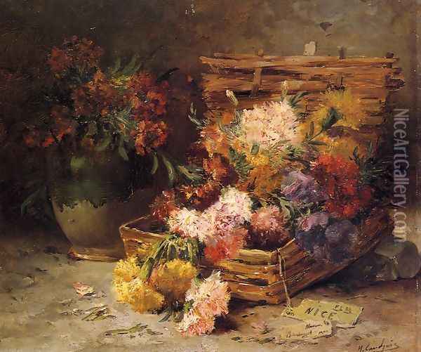 Still Life of Flowes in a Vase and a Basket Oil Painting - Eugene Henri Cauchois