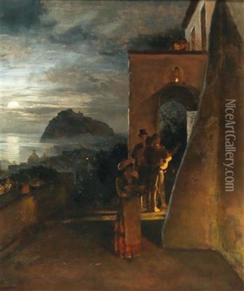 Evening Serenade On Ischia, Castello Aragonese In The Background Oil Painting - Oswald Achenbach