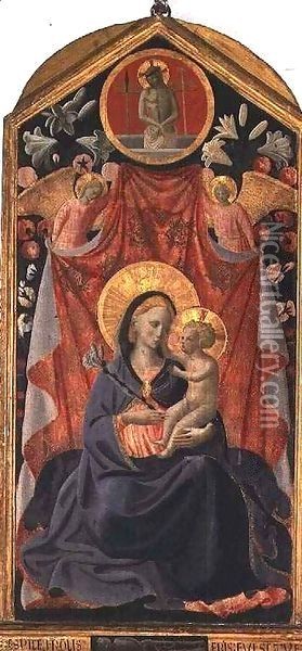 Madonna and Child with Two Angels and Christ risen from the Tomb Oil Painting - Giusto Manzini Andrea di