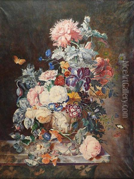 Bouquet De Fleurs, Papillons, Insectes. Oil Painting - Jan Van Huysum