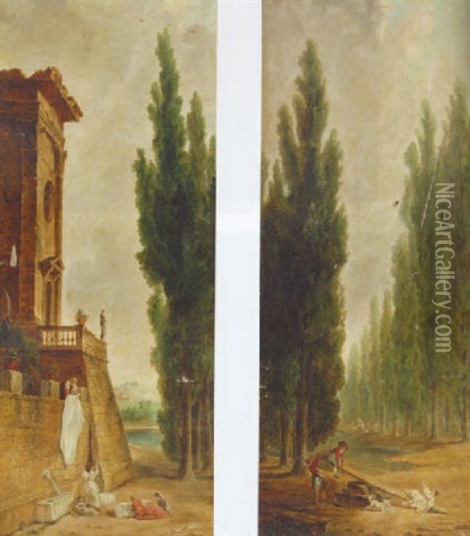 Laundry Maids Outside A Classical Villa Oil Painting - Hubert Robert