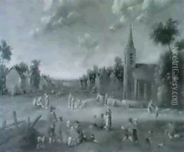 Bauerliches Genrebild Eines Niederlandischen Dorfplatzes    Mit Kirche Oil Painting - Joost Cornelisz. Droochsloot