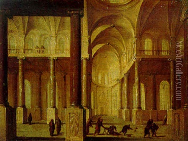 The Interior Of A Cathedral With Christ Driving Out The Moneylenders Oil Painting - Hans Jurriaensz van Baden