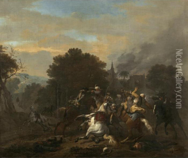 A Cavalry Skirmish Between Turks And Christians In A Wooded Landscape Oil Painting - Jan von Huchtenburgh