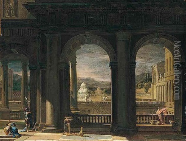 An Architectural Capriccio With Figures Near A Balcony Overlooking A Courtyard And A Park Beyond Oil Painting - Thomas Blanchet