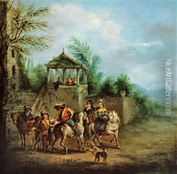 Rastende Reiter Vor Dem Pavillon Eines Schlossparks Oil Painting - Carel van Falens