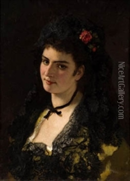Retrato Dama Con Rosa Oil Painting - Manuel Cabral Aguado Y Bejarano