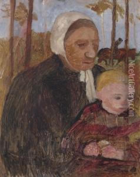Bauerin Mit Kind, Im Hintergrund Ein Reiter Oil Painting - Paula Modersohn-Becker