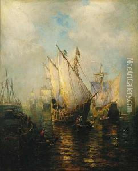 Ships In A Harbor Oil Painting - George Herbert McCord