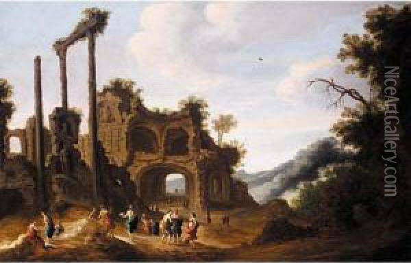 Classical Landscape With Figures Before Ruins Oil Painting - Dirck Verhaert